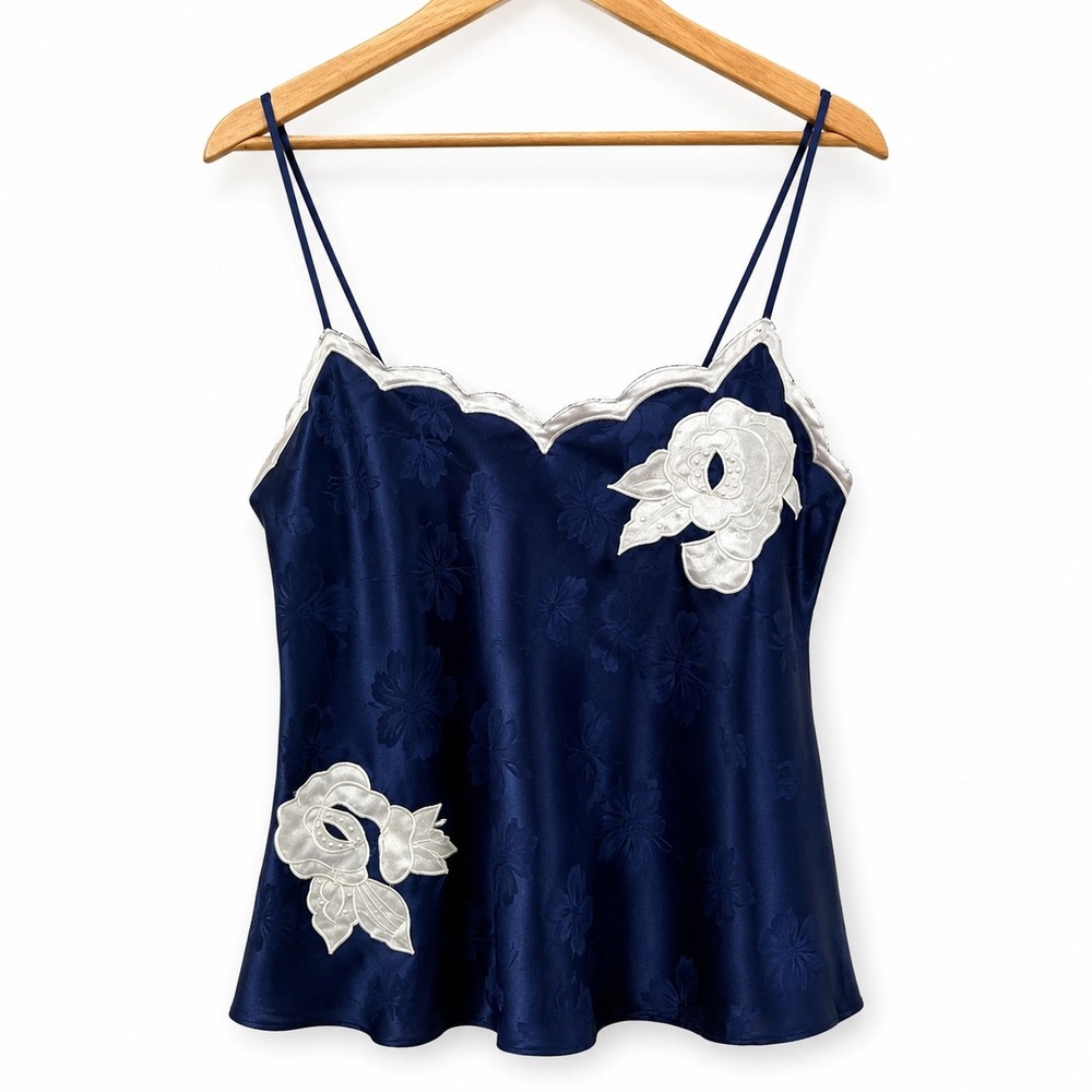 Vintage Victorias Secret Gold Tag Navy Blue Floral Satin Cami Top Pearl Applique